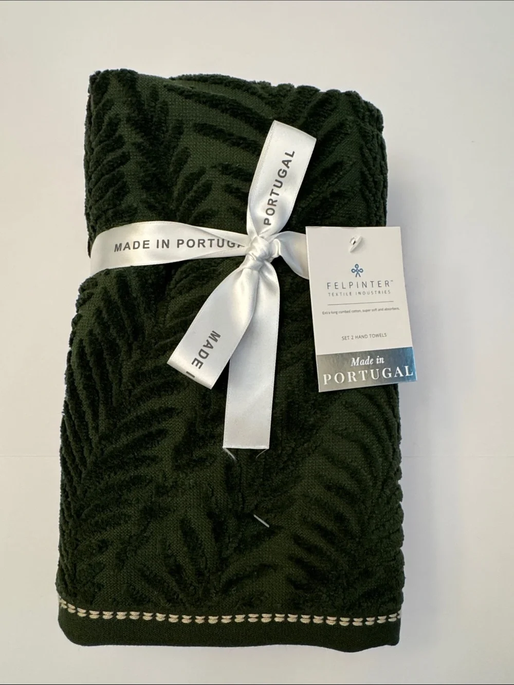 2pc FELPINTER Extra Long Combed  Cotton Bath Hand Towel Set - Velour Leaf -Green